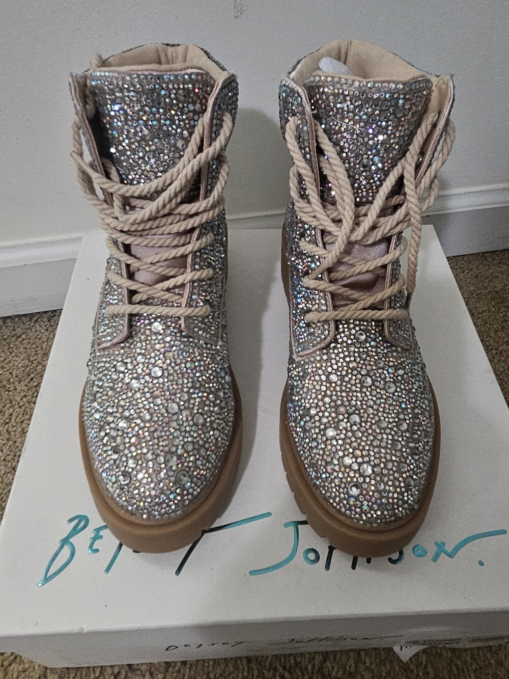 Betsey Johnson Iridescent Crystal Embellished Lace-Up Boots - Cream